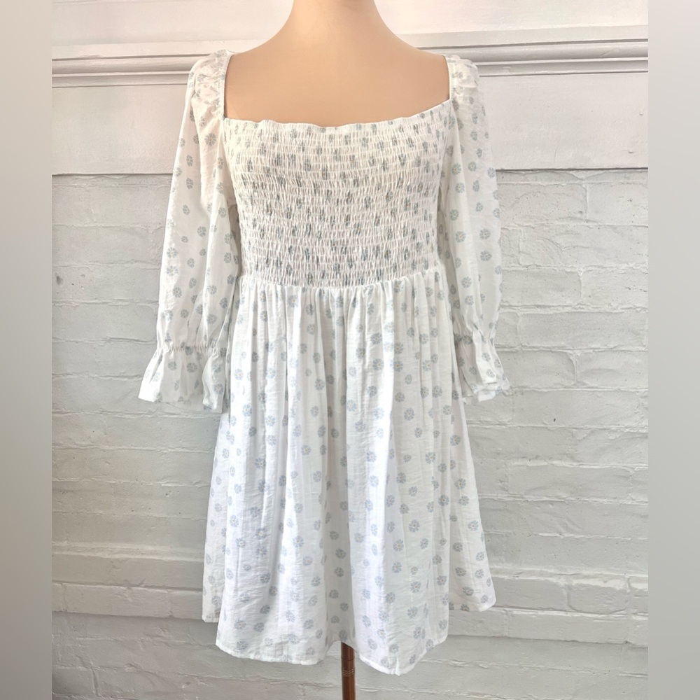 Girl And The Sun Lucia White Blue Flowered Smocked Babydoll Mini DressDress - Picture 4 of 16